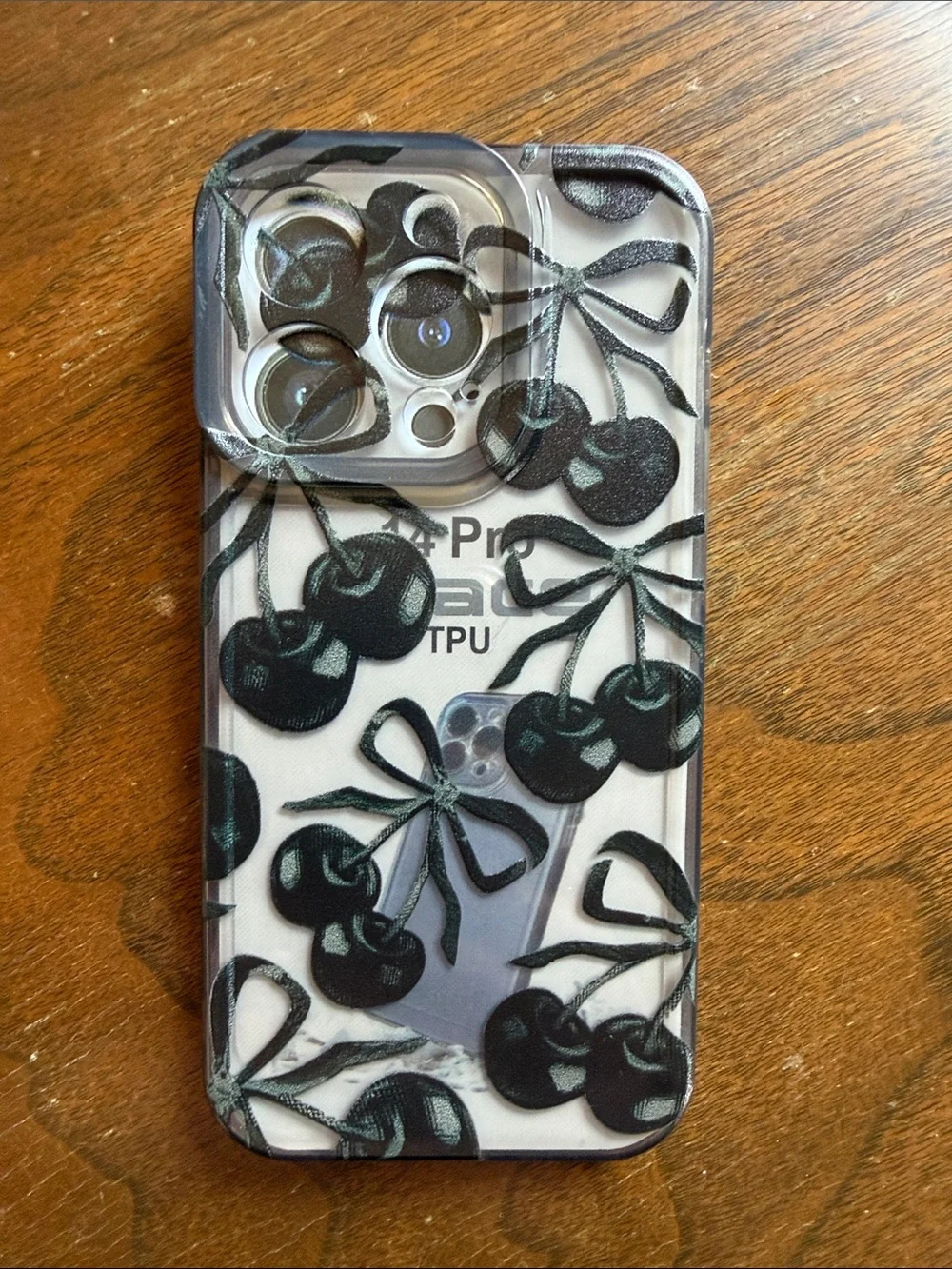 Clear Phone Case with Black Cherry Pattern - Fits iPhone 14 Pro
